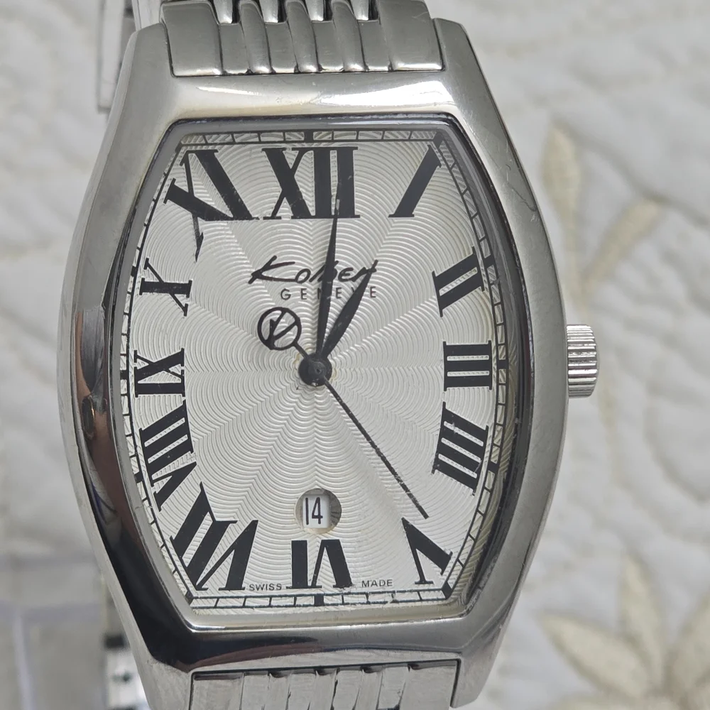 VTG Kolber Geneve Tonneau Men's Watch K8420 Silver Large Wrist Quartz Guilloche